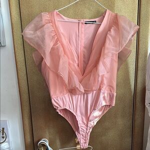 Boo Hoo Pink Ruffled Bodysuit